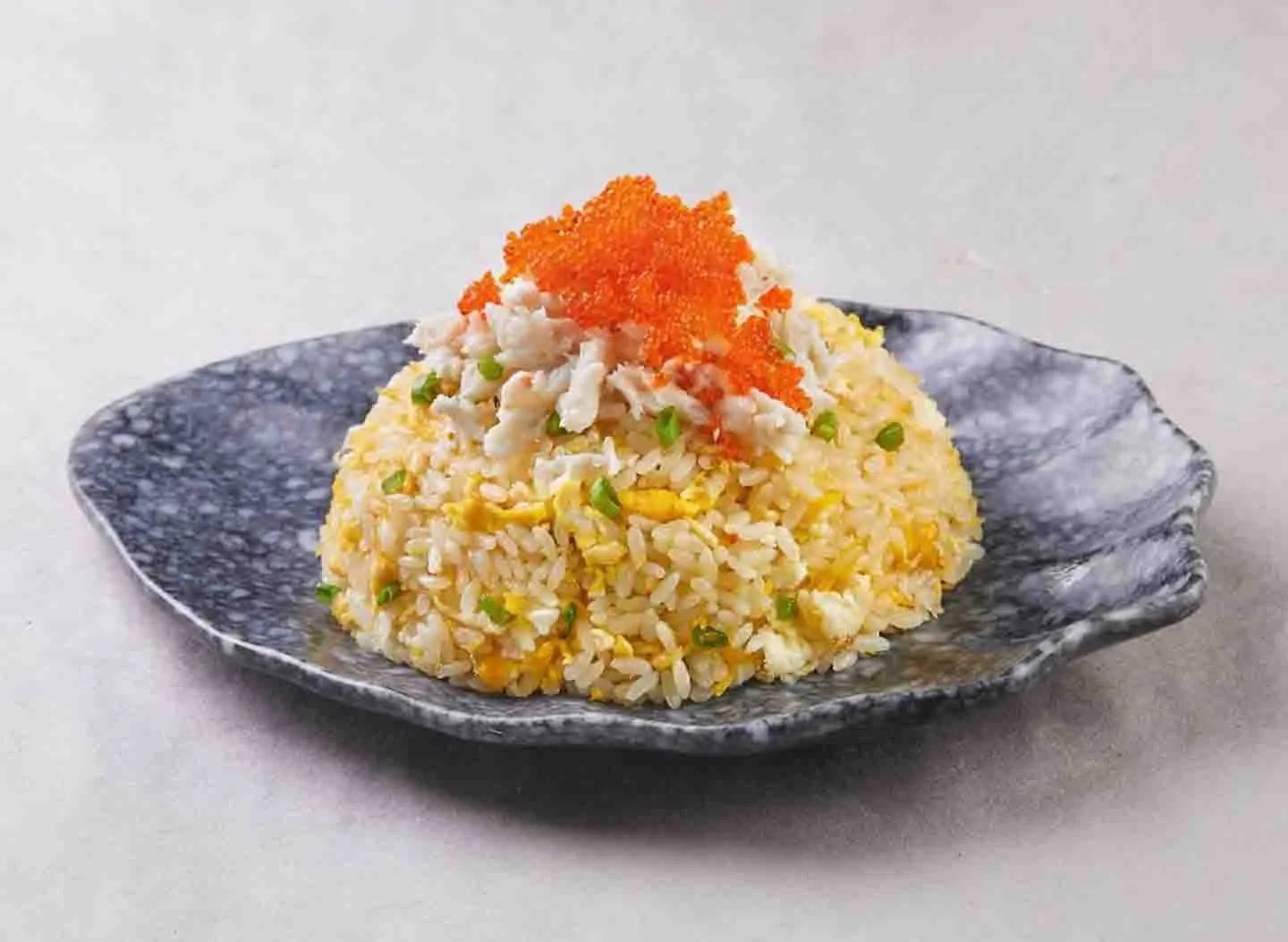 Crabmeat and Tobiko Egg Fried Rice — shredded crabmeat and orange tobiko piled on egg fried rice
